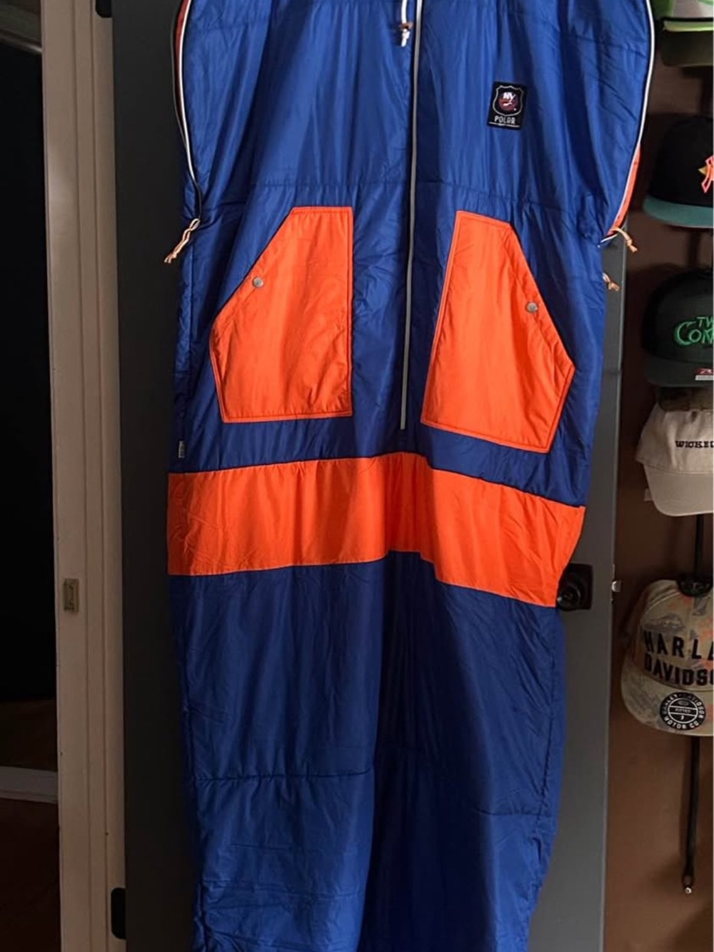Unisex NY islanders wearable sleeping bag with arm holes and open feet.